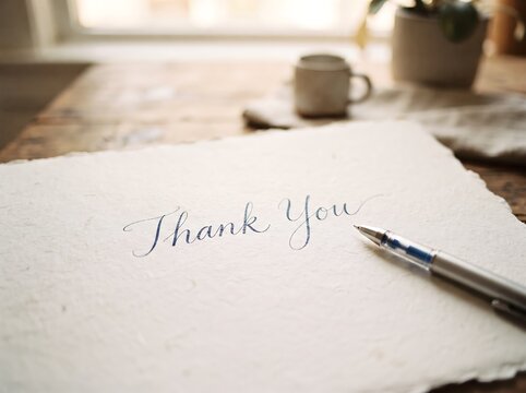 Handwritten thank you note with coffee mug and stationery on wooden desk