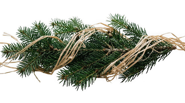 Pine tree branch tied with raffia ribbon isolated on transparent background