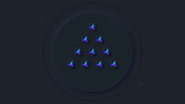 Futuristic 3D pyramid node network animation with glowing neon blocks and hierarchy connections, data structure UI motion graphic on dark neumorphic background