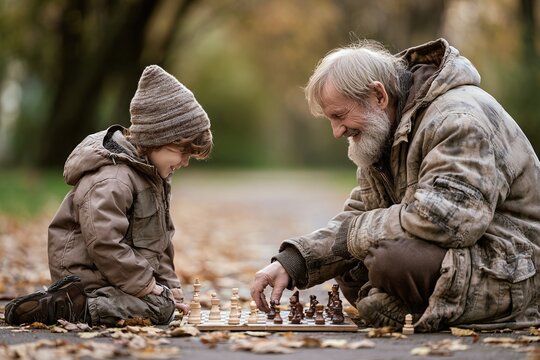 Seventy-year-old man playing chess with young child on park bench with autumn leaves in warm afternoon light