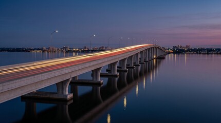 Fototapeta premium Long exposure traffic light trails on modern concrete bridge over water at dusk