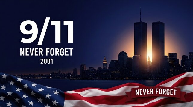 9/11 Never Forget 2001 memorial banner showing Twin Towers beam of light and American flag