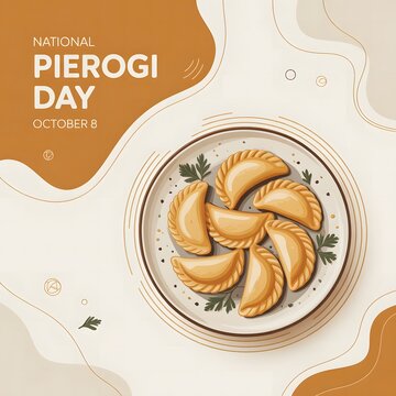 October 8 National Pierogi Day design featuring traditional Polish dumplings representing delicious cuisine, food holiday celebration, homemade cooking and cultural tradition