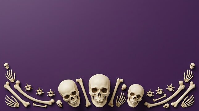 A festive halloween background featuring a collection of human skulls and scattered bones arranged neatly along the bottom edge on purple