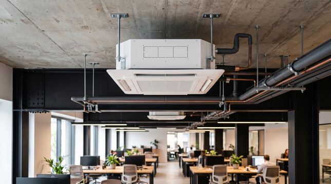 Ceiling mounted cassette air conditioner in modern open space office