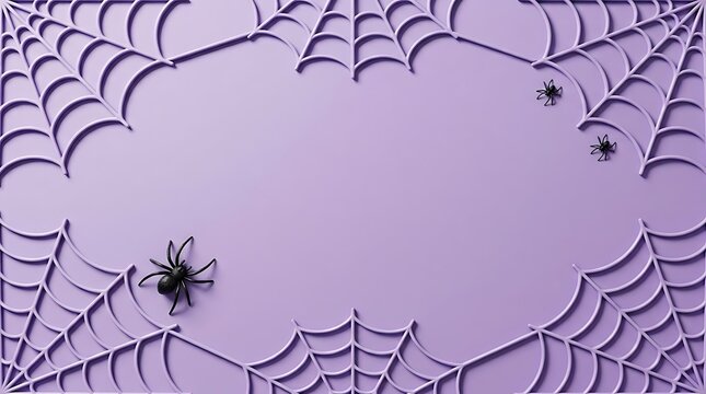A festive halloween background featuring a detailed spider web pattern and small spiders on a light purple surface perfect for seasonal holiday greeting cards