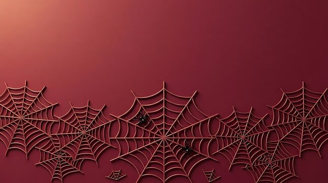 A dark and mysterious halloween background featuring intricate spider web patterns set against a deep red gradient backdrop for seasonal holiday design projects