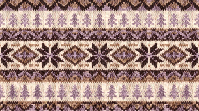 Scandinavian knit pattern with trees and snowflakes in warm beige and purple tones