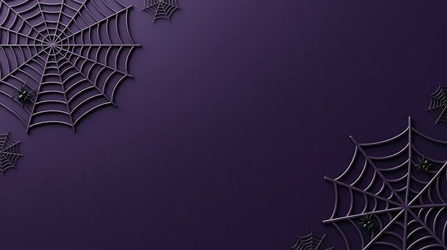 A dark purple background featuring intricate spider webs in the corners perfect for a spooky halloween celebration or festive seasonal party design project