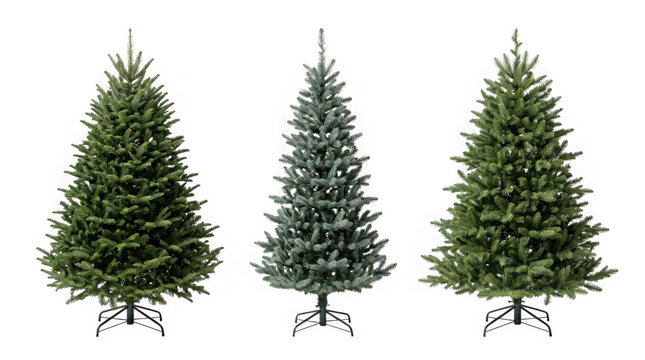 Three artificial christmas trees isolated on transparent background