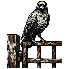 Naklejka premium A detailed engraving illustration of a black crow perched on an old wooden fence gate