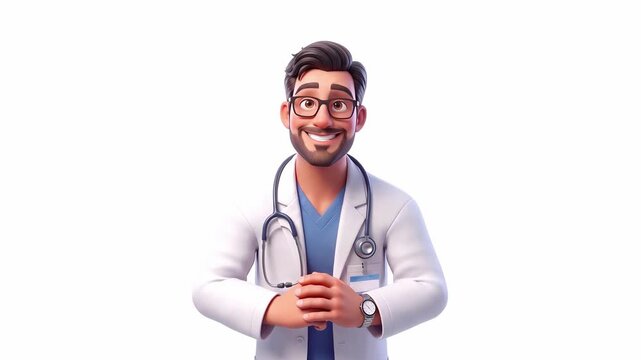 Happy animated medical professional doctor cartoon character waving and raising hands isolated on a white background