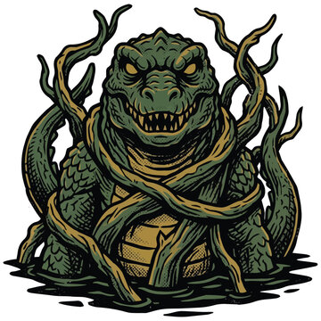 Terrifying swamp monster illustration featuring a giant green lizard tangled in thick forest vines rising from murky dark water