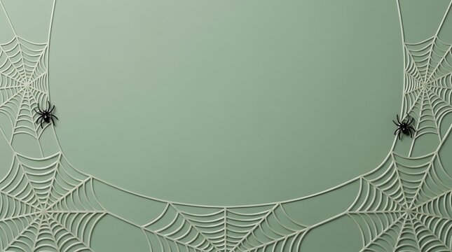 A spooky close up view of two small spiders sitting on a delicate white spider web background for a festive halloween holiday season design