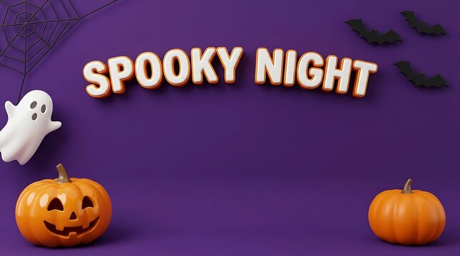 A festive halloween background featuring a spooky night sign with pumpkins a ghost and flying bats on a dark purple textured surface