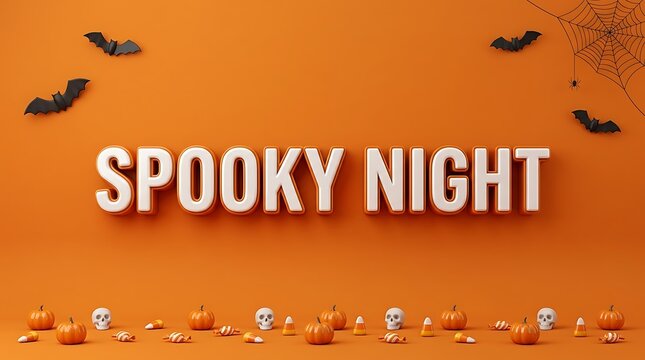 A festive halloween background featuring the text spooky night surrounded by small decorative pumpkins and flying bats on a vibrant orange surface