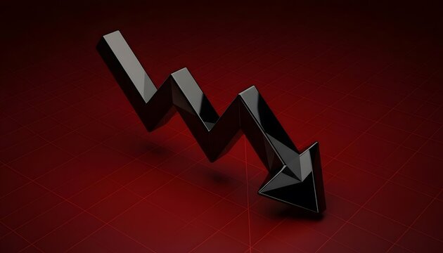A black 3d downward trending arrow on dark background