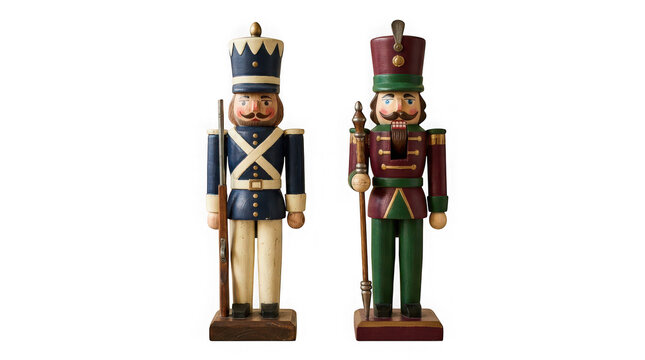 Two traditional wooden nutcracker figurines isolated on transparent background