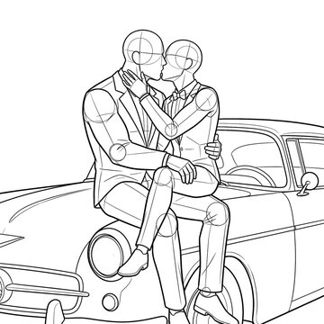 Hand drawn sketch of grooms kissing on retro car hood profile.