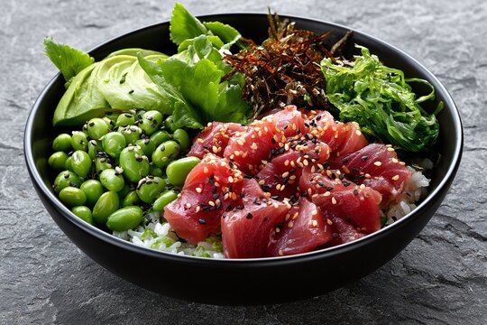 Colorful Hawaiian poke bowl with raw tuna avocado edamame and seaweed on dark slate surface