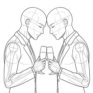 Hand drawn sketch of grooms looking at each other holding champagne.