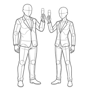 Hand drawn sketch of grooms toasting to camera 3/4 view.