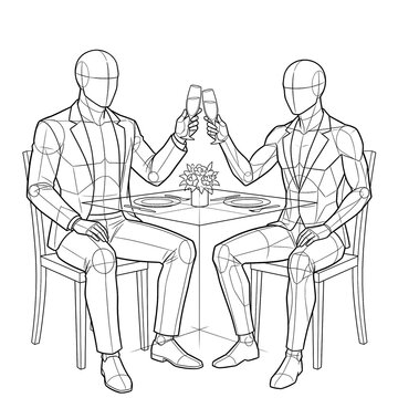 Hand drawn sketch of grooms sitting at table toasting front.