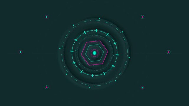 Futuristic HUD concentric radar rings animation with rotating hexagon tunnel, dark green sci-fi user interface control panel motion graphic