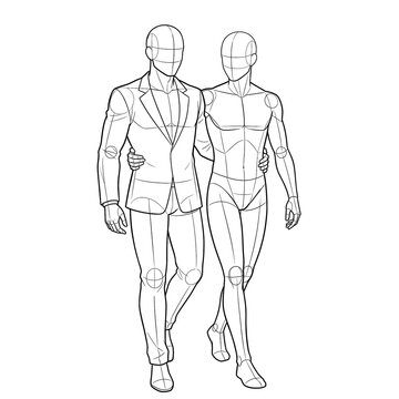 Hand drawn sketch of two grooms walking embracing waist 3/4.