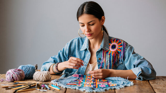 Young woman creating colorful embroidery on denim at a wooden table with yarn and craft tools, expressing creativity and handmade fashion