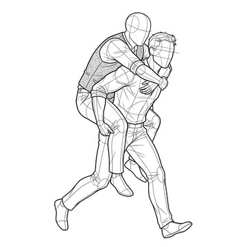 Hand drawn sketch of grooms casual boho piggyback isolated.
