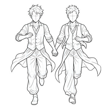 Hand drawn sketch of boho grooms running holding hands front.