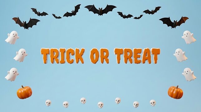 A festive halloween background featuring the text trick or treat surrounded by cute flying bats ghosts and orange pumpkins on a soft blue backdrop