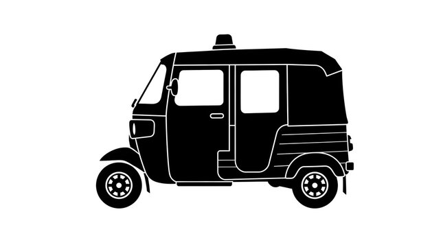 Black silhouette of a traditional three-wheeled auto rickshaw on a white background. Perfect for urban transportation and travel designs.