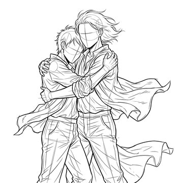 Hand drawn sketch of boho grooms windy embrace 3/4 view.