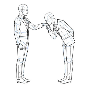 Hand drawn sketch of formal hand kiss black tie side view.