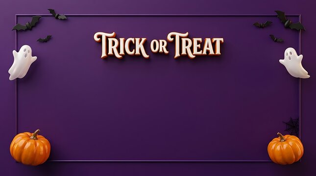 A festive halloween background featuring a purple surface with pumpkins and ghosts surrounding the text trick or treat for a spooky holiday celebration