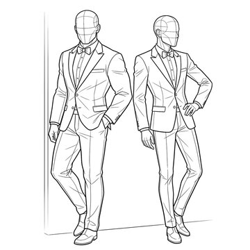 Hand drawn sketch of black tie groom leaning on wall 3/4.