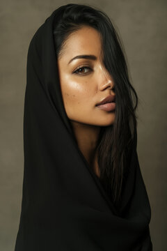 Mysterious Gaze: A woman with captivating eyes and dark hair, veiled in flowing black fabric, exudes an aura of enigmatic beauty and profound contemplation.