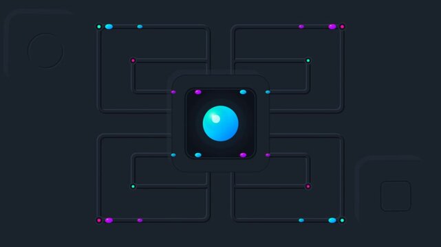 Central CPU microchip animation with glowing AI orb core and neon circuit data flow, artificial intelligence processor motherboard motion graphic on dark neumorphic background