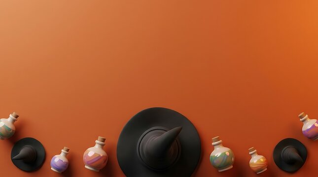 A festive halloween background featuring a central black witch hat surrounded by colorful decorative ornaments on a solid orange surface with copy space