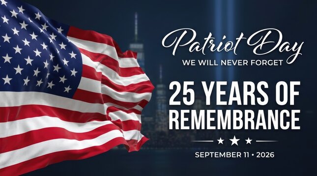 Patriot Day 25 Years of Remembrance September 11 2026 banner with waving USA flag