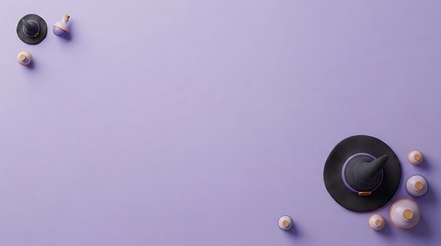 Minimalist halloween background featuring a black witch hat and small decorative pumpkins arranged on a soft purple surface for seasonal holiday greeting cards