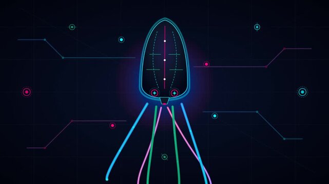 Futuristic neon rocket launch animation with glowing light trails and sci-fi HUD interface lines, spacecraft technology motion graphic on dark background