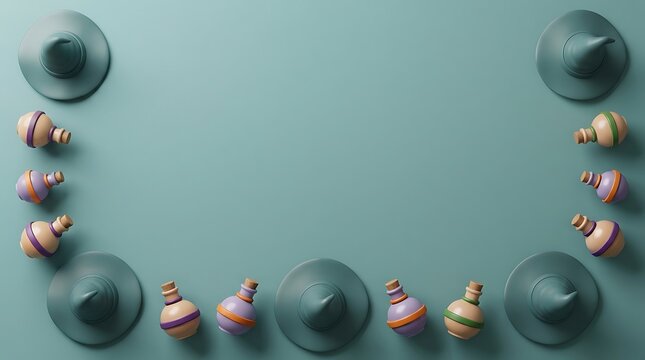 A festive halloween background featuring a decorative border of miniature witch hats and colorful pumpkins arranged on a solid soft blue surface