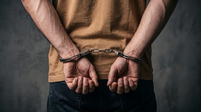 Rear view close-up of a man wearing a brown shirt and jeans with his hands handcuffed behind his back against a dark textured wall, representing arrest and legal justice.