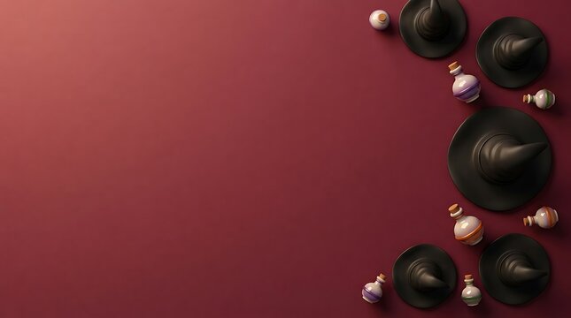 Top view of festive halloween decorations with black witch hats and shiny ornaments arranged on a deep red background with copy space