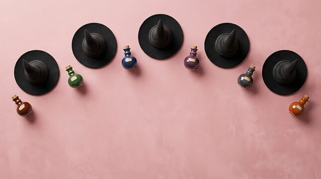 A festive halloween flat lay composition featuring small black witch hats and decorative metallic ornaments arranged on a soft pastel pink background surface