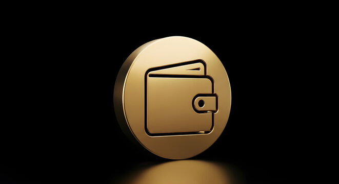 Golden 3D Coin Render Featuring a Minimalist Wallet Icon for Financial Transactions and Secure Digital Payment Banking Concepts