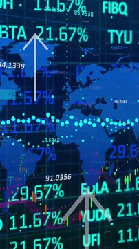Animation of financial data processing over world map on black background